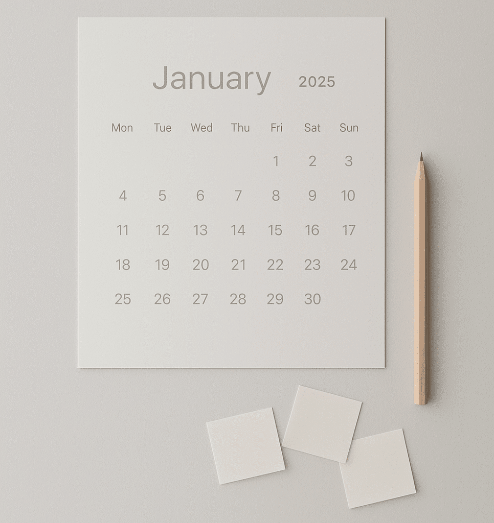 Calendario de enero 2025 sobre escritorio blanco, representando estudio flexible sin horarios fijos