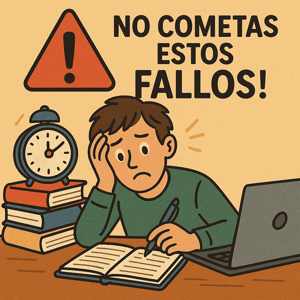 Errores comunes al comenzar 2º de bachillerato: estudiante preocupado, libros, reloj y ordenador. Texto: No cometas estos fallos