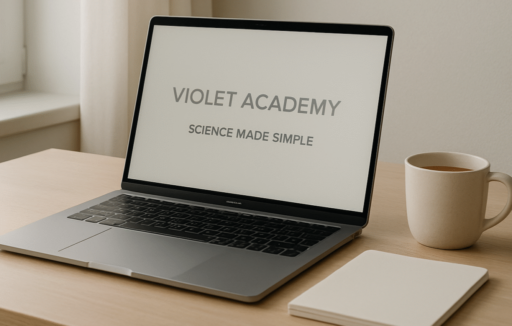 Portátil mostrando VioletAcademy sobre escritorio, simbolizando acceso online a la plataforma educativa
