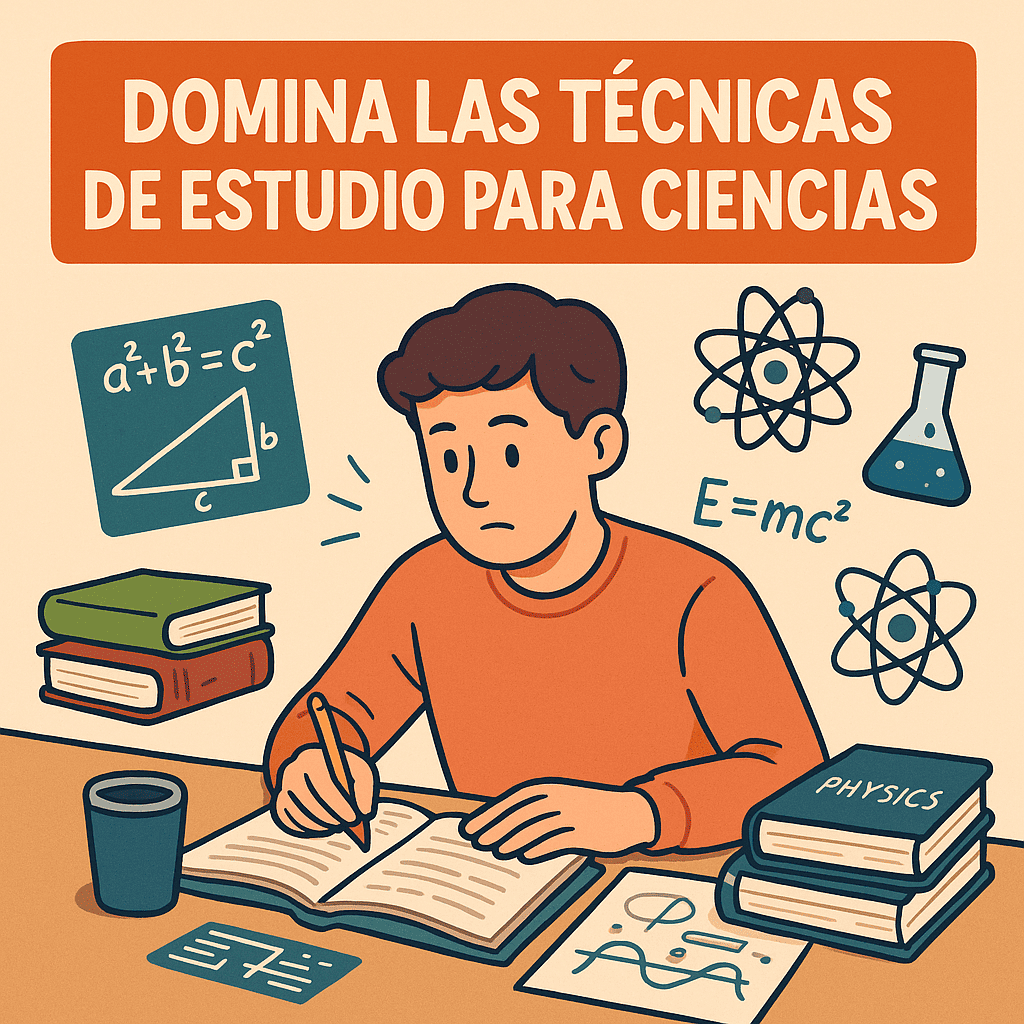 Ilustración digital estilo cartoon de un estudiante concentrado en estudiar ciencias, rodeado de libros, fórmulas y símbolos de matemáticas, química y física, con el texto “DOMINA LAS TÉCNICAS DE ESTUDIO PARA CIENCIAS” destacado en la parte superior.