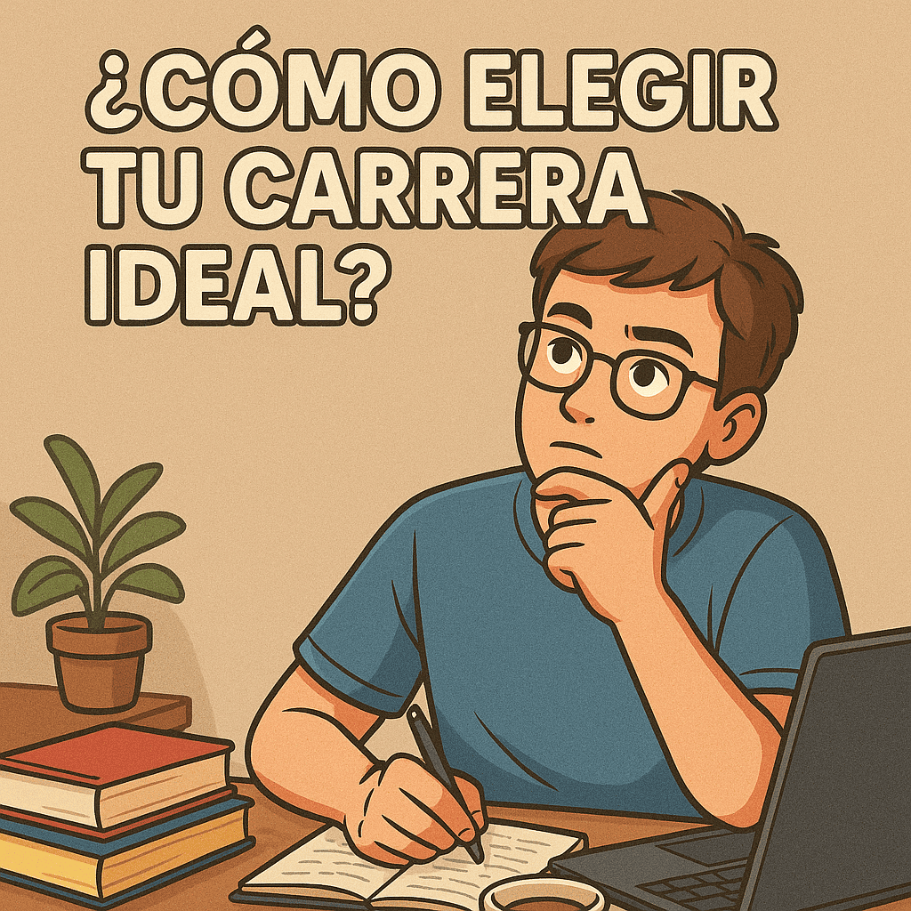 Ilustración digital estilo cartoon de un joven estudiante pensativo, rodeado de libros, un portátil y una taza de café, con un cartel que dice “¿CÓMO ELEGIR TU CARRERA IDEAL?” en la parte superior.